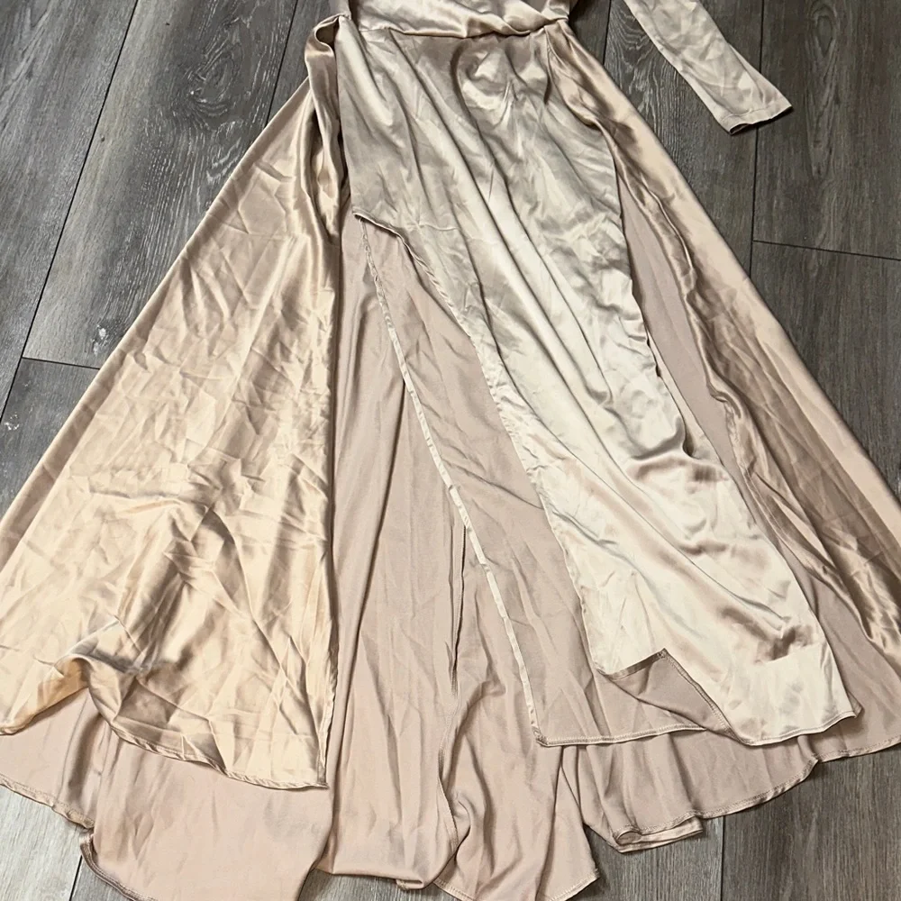 Boohoo Satin Asymmetric Draped Maxi Dress/ Formal Gown- Champagne - Picture 4 of 5